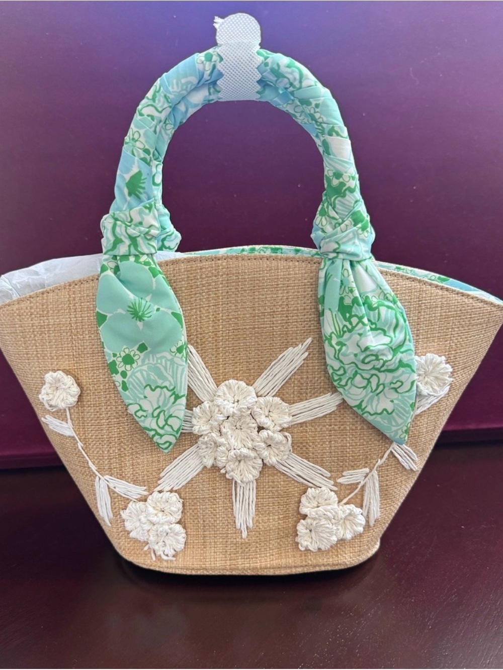 Lilly Pulitzer Straw Tote Bag with Mint Floral Scarf Handles